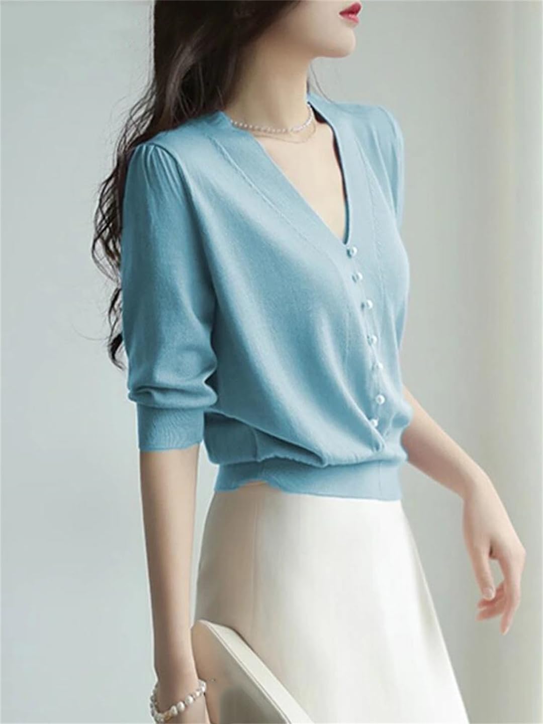 Hauts d'été en tricot à boutons perlés pour femme Col en V Slim Tricoté Décontracté