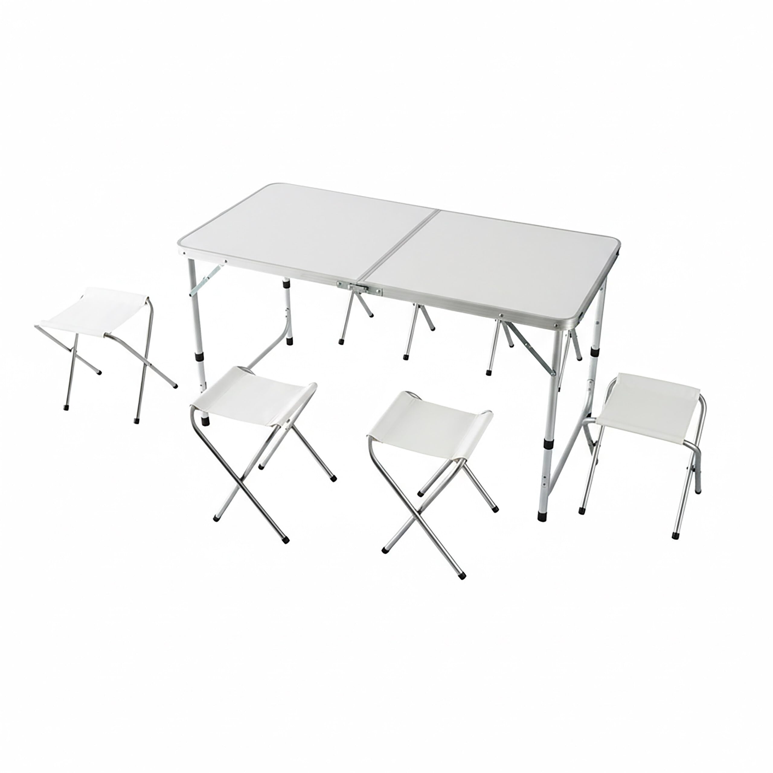 Relaxdays Table de Camping Pliable en Aluminium avec 4 tabourets, réglable, poignée, MDF Blanc 71x120x60 cm