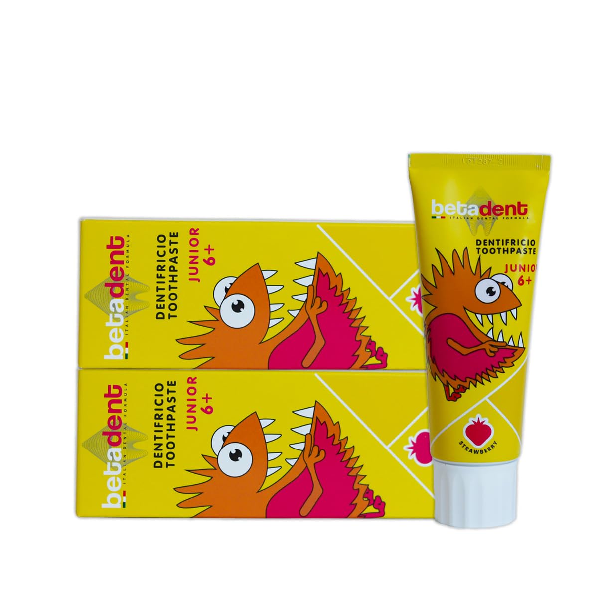 Betadent Set mit 2 Zähnen Junior 6+ Erdbeere für Kinder ab 6 Jahren. Natürliche Formulierung, Anti-Plaque und gegen Zahnverfall. Ausgewogene Dosierung von Fluorsalzen bei einer Konzentration von 950