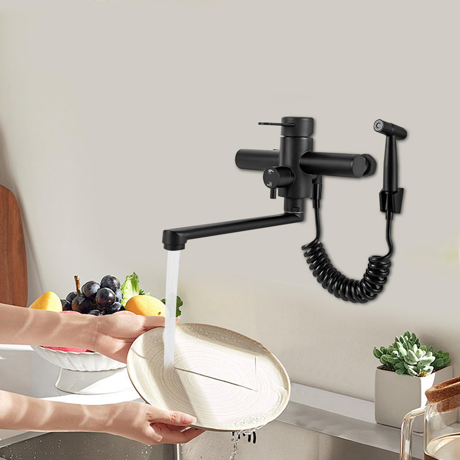 Grifo de cocina, montaje en pared, con pistola, giratorio de 360°, grifo mezclador, varios modos de flujo, manguera flexible telescópica de 1,5 m, para cocinas, baños, aseos, negro