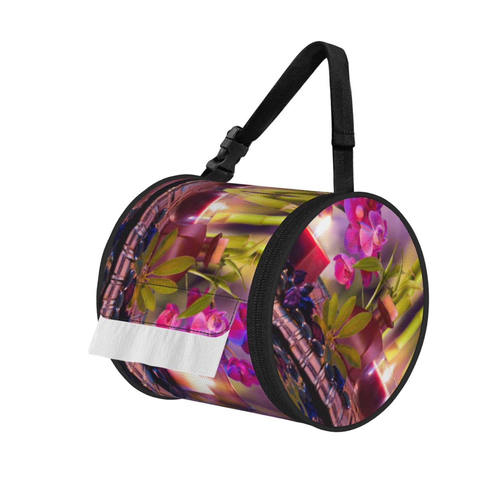 Flowers In Fountain Massage Stones And Bamboo Print Hanging Toilet Paper Holder Camping Paper Towel Holder Portable Car Roll Paper Storage Bag With Adjustable Strap Suitable For Bathroom,Kitchen