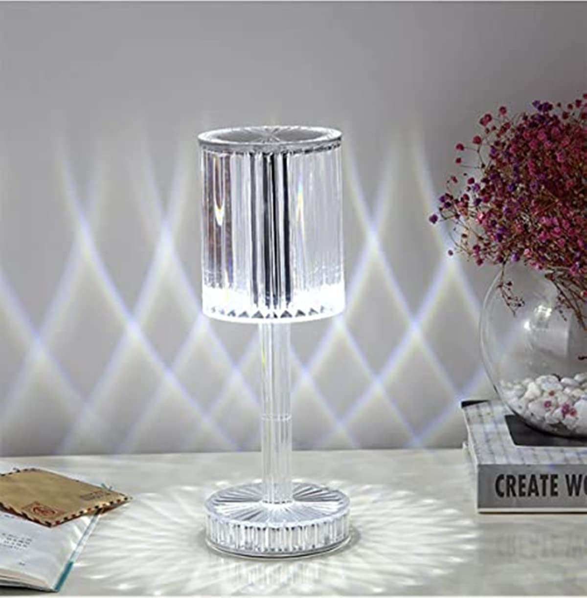 TTY Crystal Bedside Table Lamp, Crystal Rose Diamond Table Lamp Touch Control,3 Lighting Colors Brightness Adjustable USB Rechargeable Crystal Decorative Nights Lamp (G Colour)