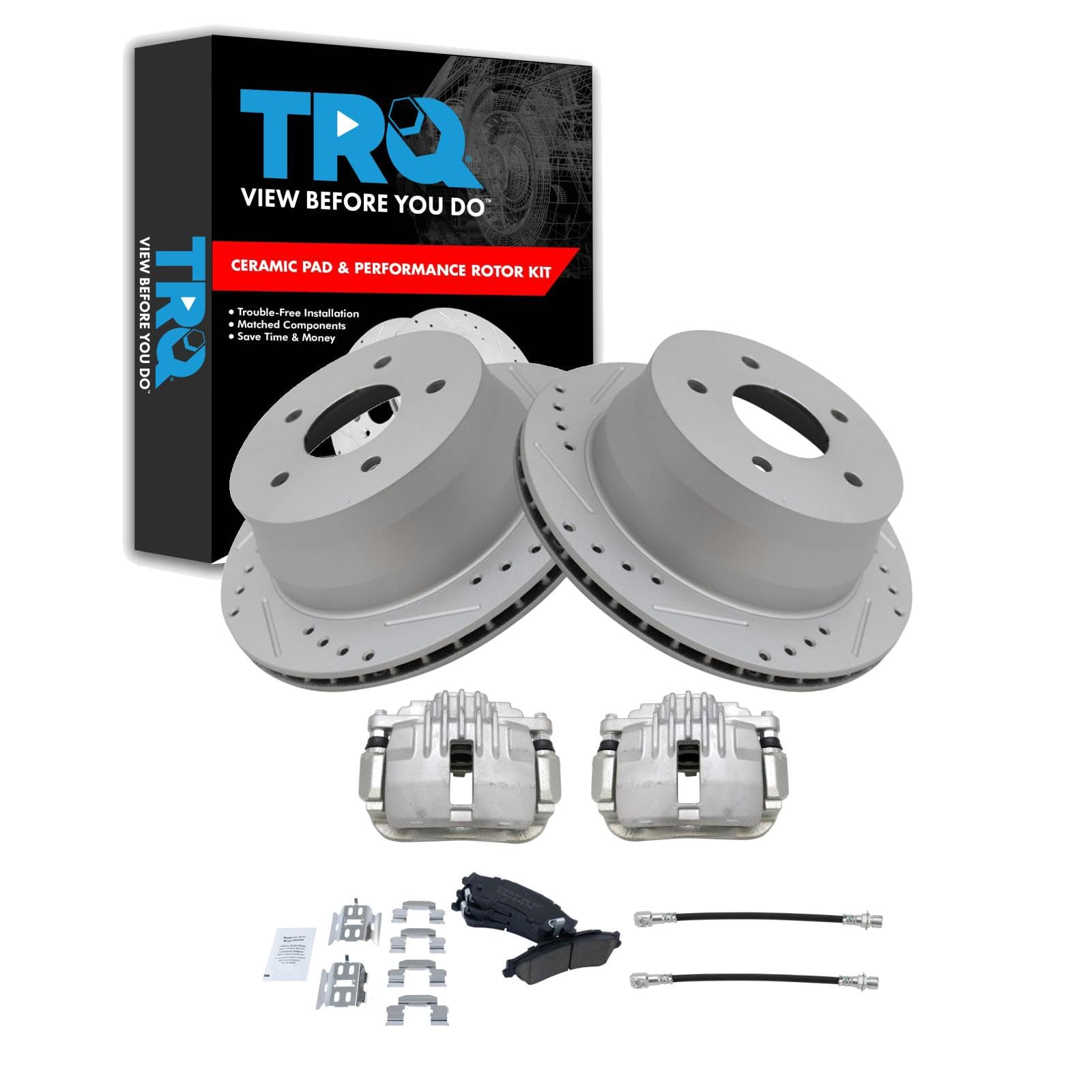 TRQ Rear Brake Pad &amp; Rotor Kit Slotted X Drilled Performance Ceramic Premium G-Coated Rear Compatible with 1998-2003 Chevrolet S10 Pickup 1998-2003 GMC S-15 Sonoma
