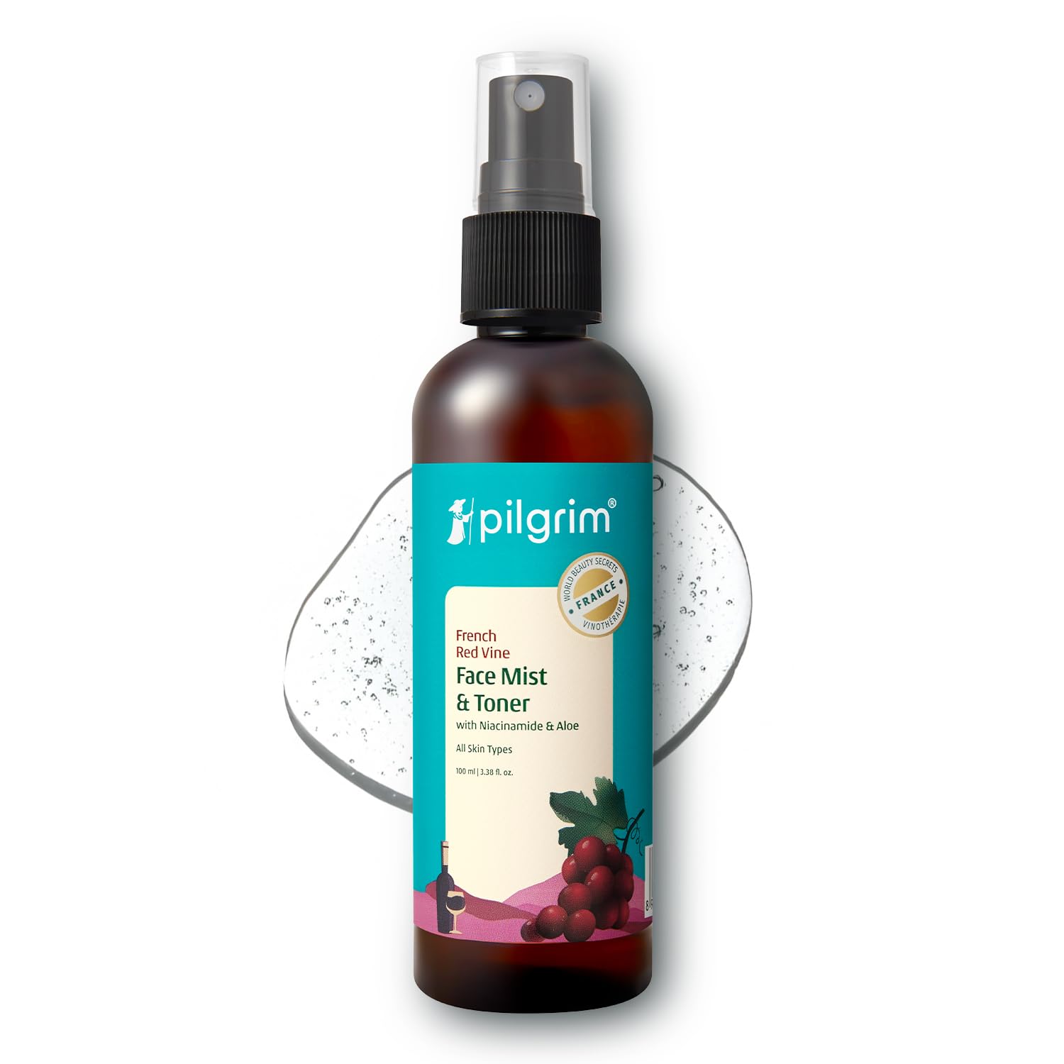 Pilgrim Alcohol Free Red Vine Face Toner Spray with Vitamin B3 and Aloe, Face Mist Spray For Anti Ageing, Glowing Skin, Dry, Oily Skin, Men & Women,100ml