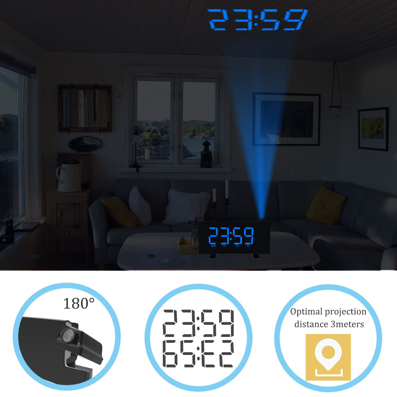 Sveglia con Proiettore Radiosveglia Sveglia Digitale da Comodino, Multifunzionale con Fm Radio 12/24H Display LED a 180°, 3 Livelli di Luminosità, 2 Allarmi e Uscita USB di Ricarica (Blu)