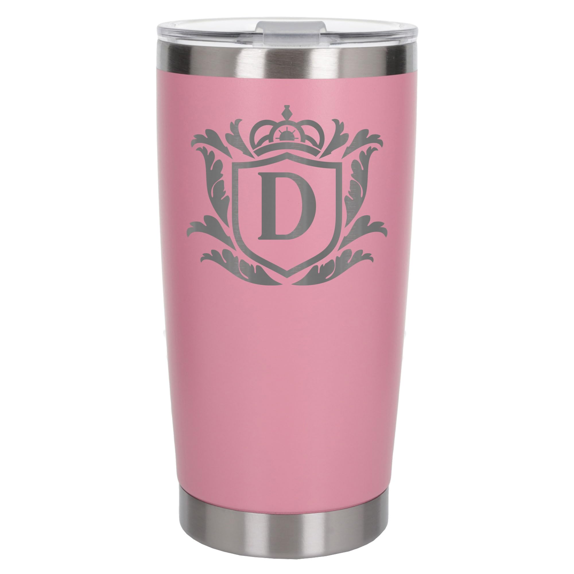 Customised Gifts 500ml Engraved Shield Initial Monogram Insulated Personalised Light Pink Travel Mug for Men and Women - Personalised Initial Coffee Travel Mug for Hot and Cold Beverages, Letter D