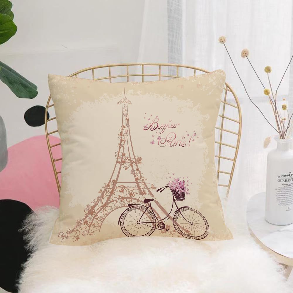 HYOSXW Cushion Cover,Throw Pillow Case Home Decorative for Living Room Bedroom Sofa Chair 16X16 Inch,Bonjour Paris text with tower eiffel and bicycle. Romantic postcard from Paris.,Pillowcase 40X40cm