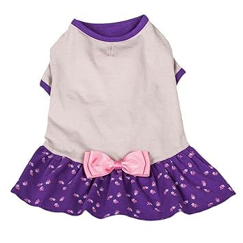 Blueberry Pet 12-Inch Polo Dress Bow Cotton Dog Dresses Shirt, Medium, Orchid and Grey