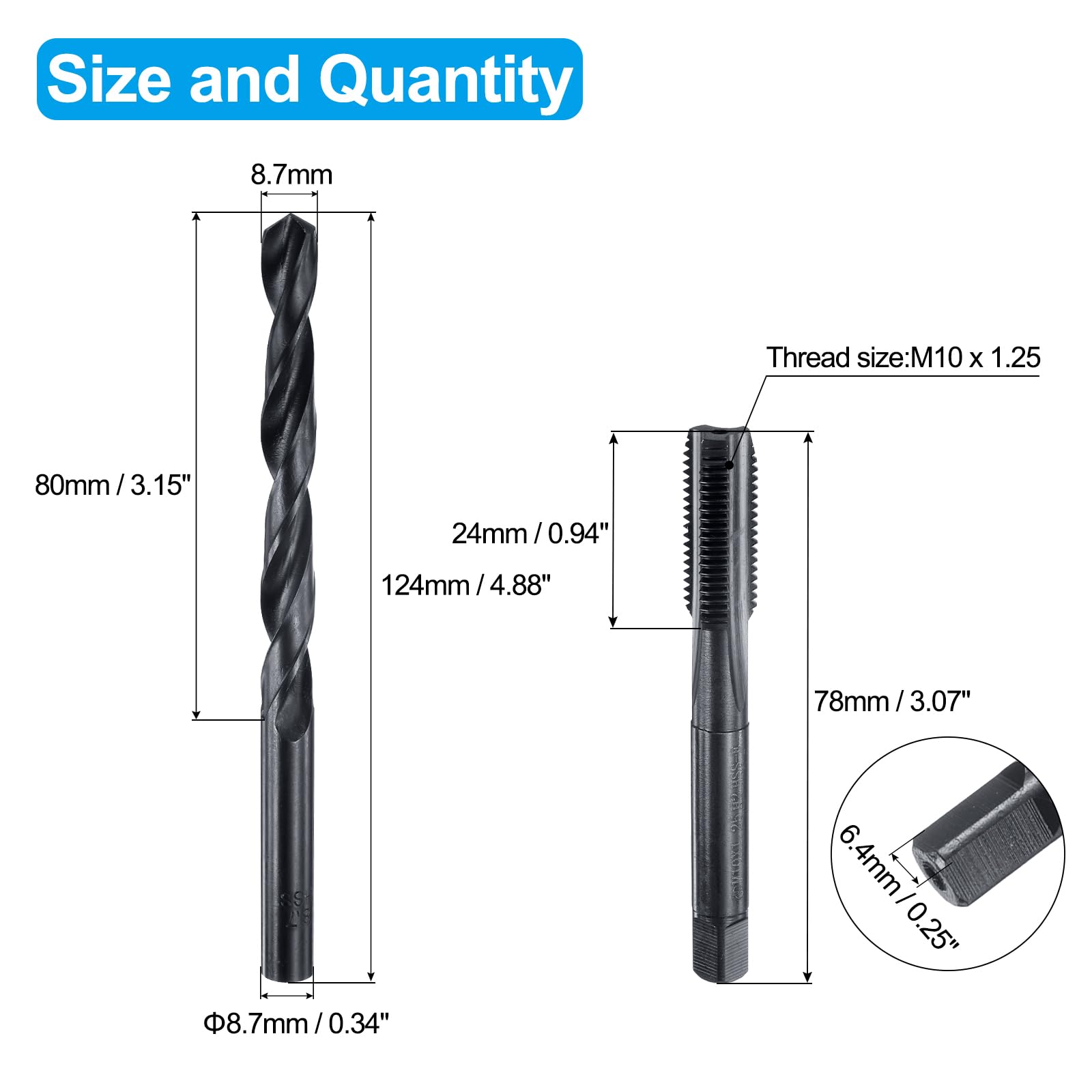 Set di Maschi e Punte da Trapano, 1 Maschio per Filettatura metrica a scanalatura Dritta M10 x 1,25 e 1 Punta elicoidale da 8,7 mm, Kit di Utensili per Filettatura HSS-6542 in ossido Nero