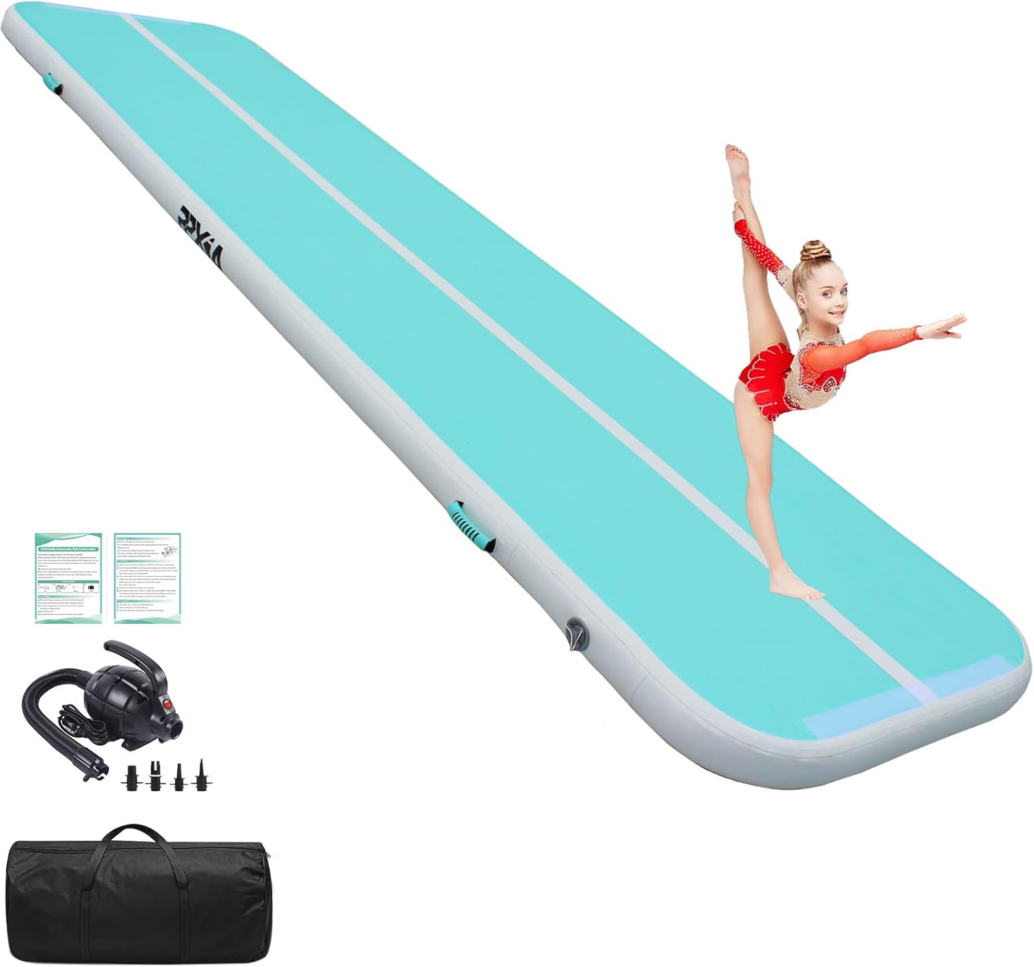 PPXIA Gymnastics Mat Air Tumble Track 10ft/13ft/16ft/20ft, Inflatable Kids Tumbling Mat Air Mats 4/8 inches Thickness with Electric Air Pump for Home Use Cheerleading Gym Outdoor Water Use Green White 13FTx3.3FTx4IN