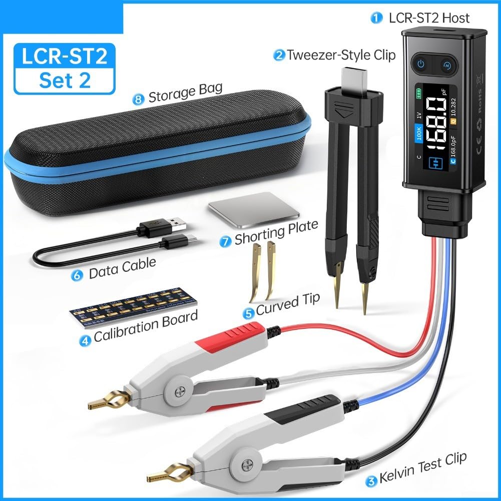 LCR-ST2 2-in-1Tester Smart Bridge Tweezer Kit,LCR/ESR Klemmmessgerät,digital brücke tester Digital bridge Messgerät LCR Messgerät Widerstand Induktivität Kapazität Bauteilprüfung(LCR-ST2 high)