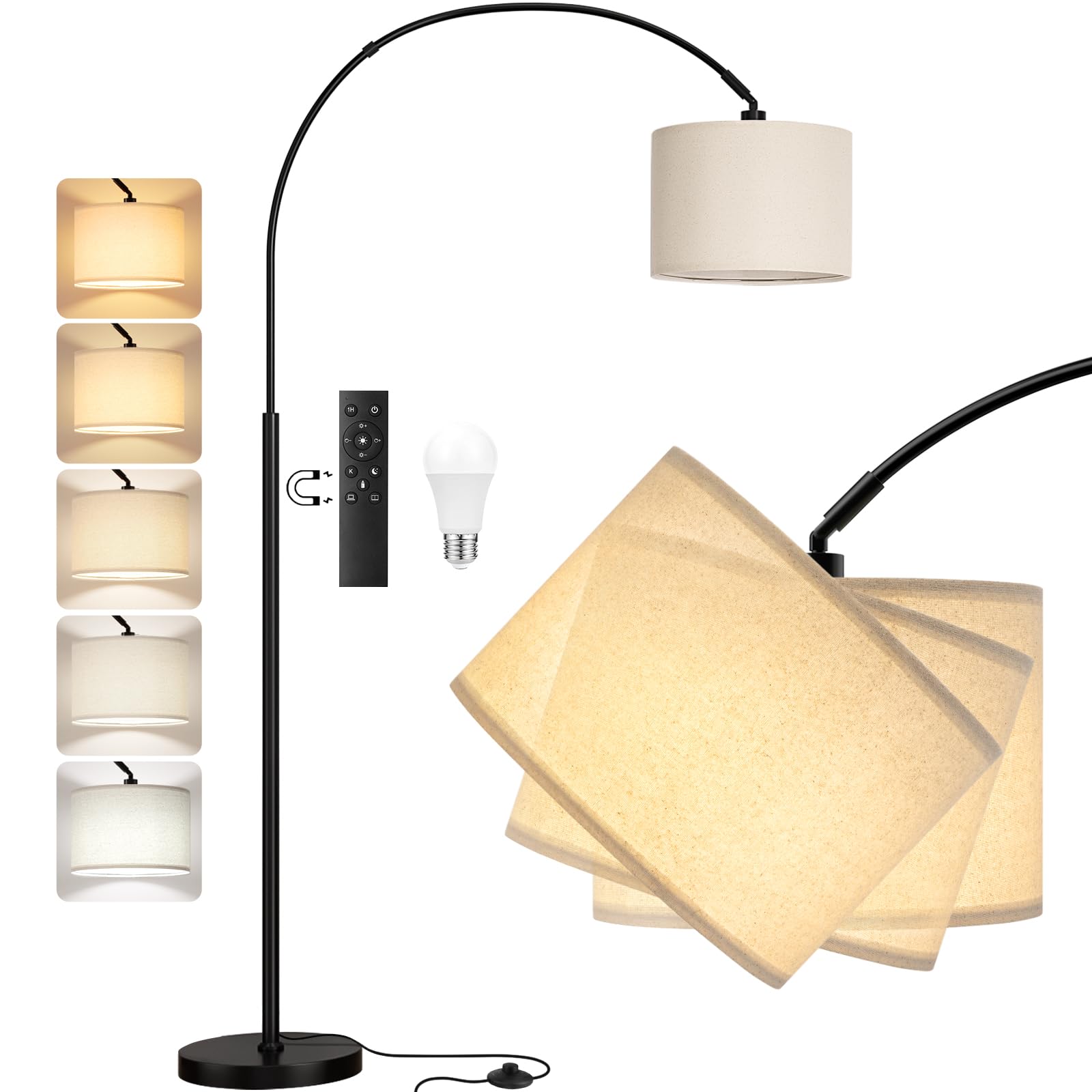 PreeOtti Stehlampe Wohnzimmer Dimmbar Bogenlampe, LED E27 Leselampe mit Fernbedienung 3000K-6000K, Vintage Standing Lamp Standlampe für Schlafzimmer, 350°Drehbarer Lampenkopf, 180cm, Beige