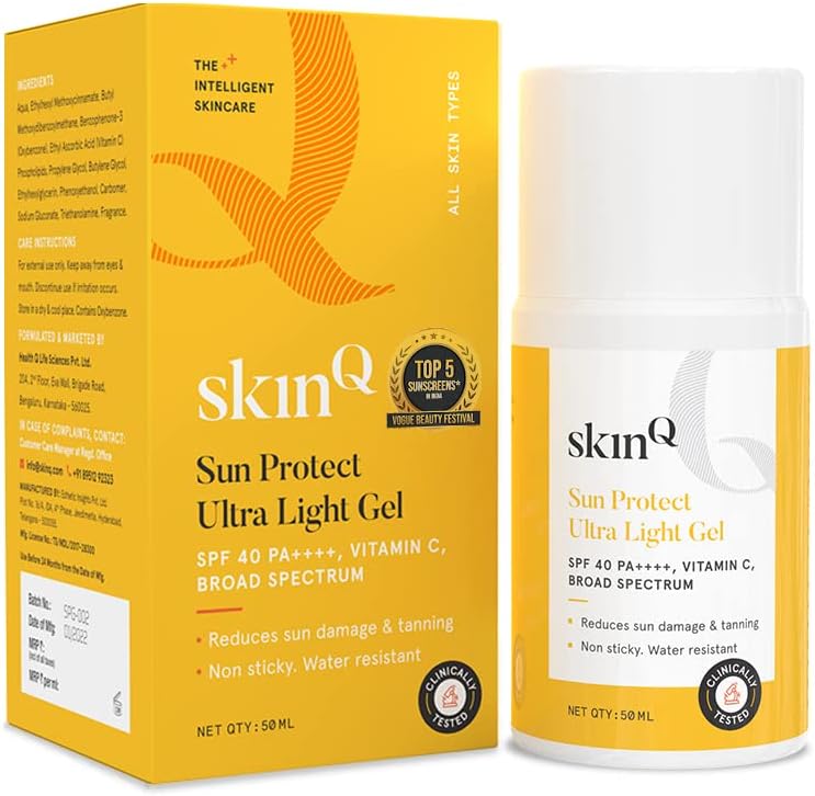 SkinQ Sunscreen for Men & Women 50ml with Vitamin C, SPF 40 & Broad Spectrum PA++++ | Sun Protect Ultra Light Gel suitable for All Skin Types | Lightweight, Non-Sticky & Water-Resistant