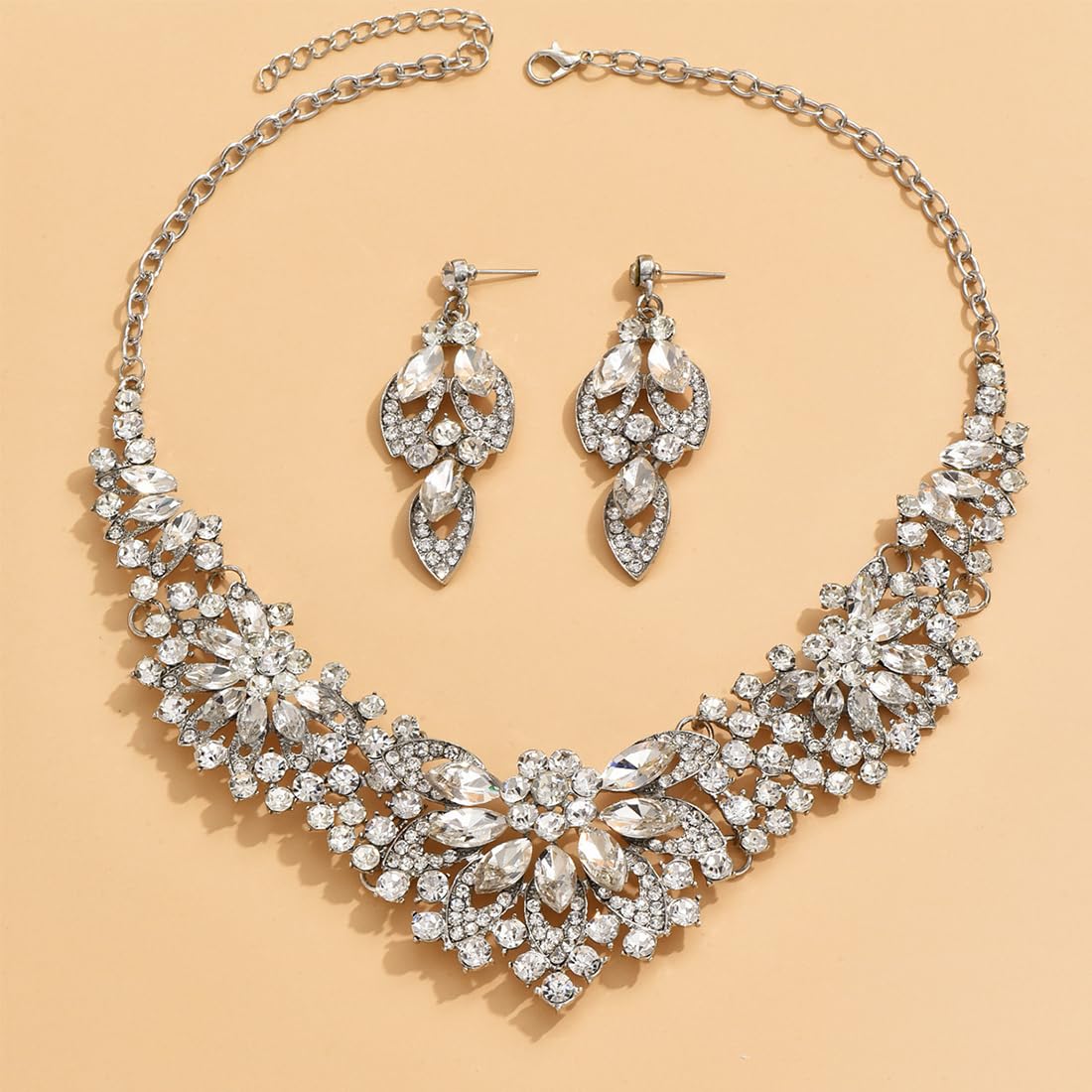 JeweBella Parure Mariage Mariée 4PCS - Collier, Boucles, Bracelet Et Bague Cristal Strass Zircon, Bijoux Vintage Luxe