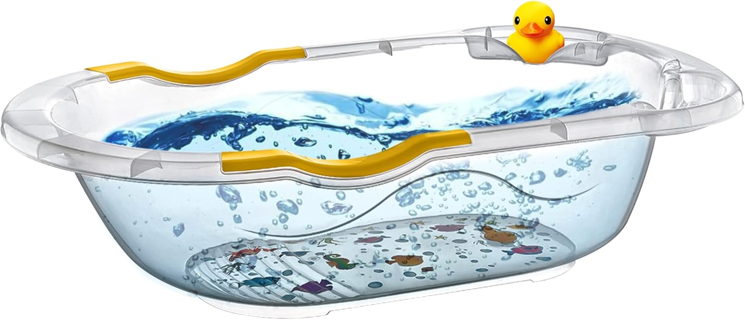 ZENQA Bañera para bebés de 0 a 24 meses, bañera transparente cómoda sin BPA, tapón de drenaje 2 bandejas de soporte de jabón, portátil para niños, ducha resistente (transparente)