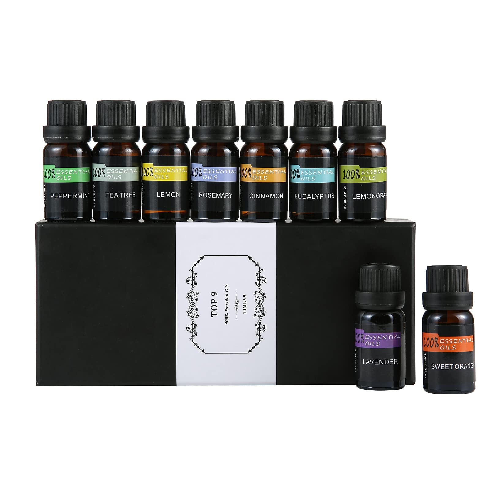 100% Pure Essential Oils kit- Cinnamon, Peppermint, Rosemary, Tea Tree, Lavender, Lemon, Lemongrass, Sweet Orange, Eucalyptus for Diffusers, Humidifiers, Aromatherapy,Massage,Skin & Hair Care, 9x10 ML