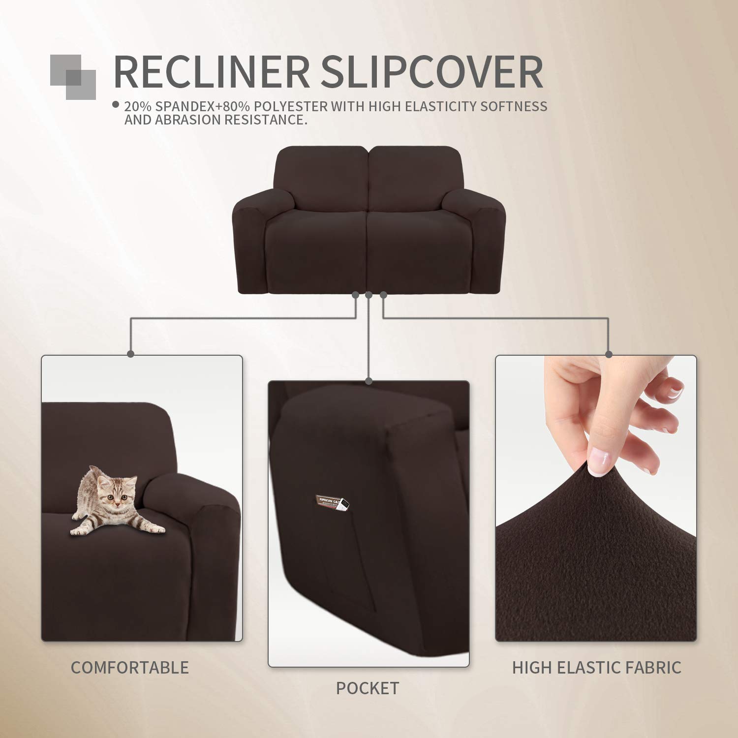 Funda elástica de microfibra para sofá reclinable seccional, suave vellón ajustable a tu sofá de 2 cuerpos, lavable, protege tus muebles, con elástico, ideal para niños, 6 piezas (sofá reclinable biplaza, chocolate). 5