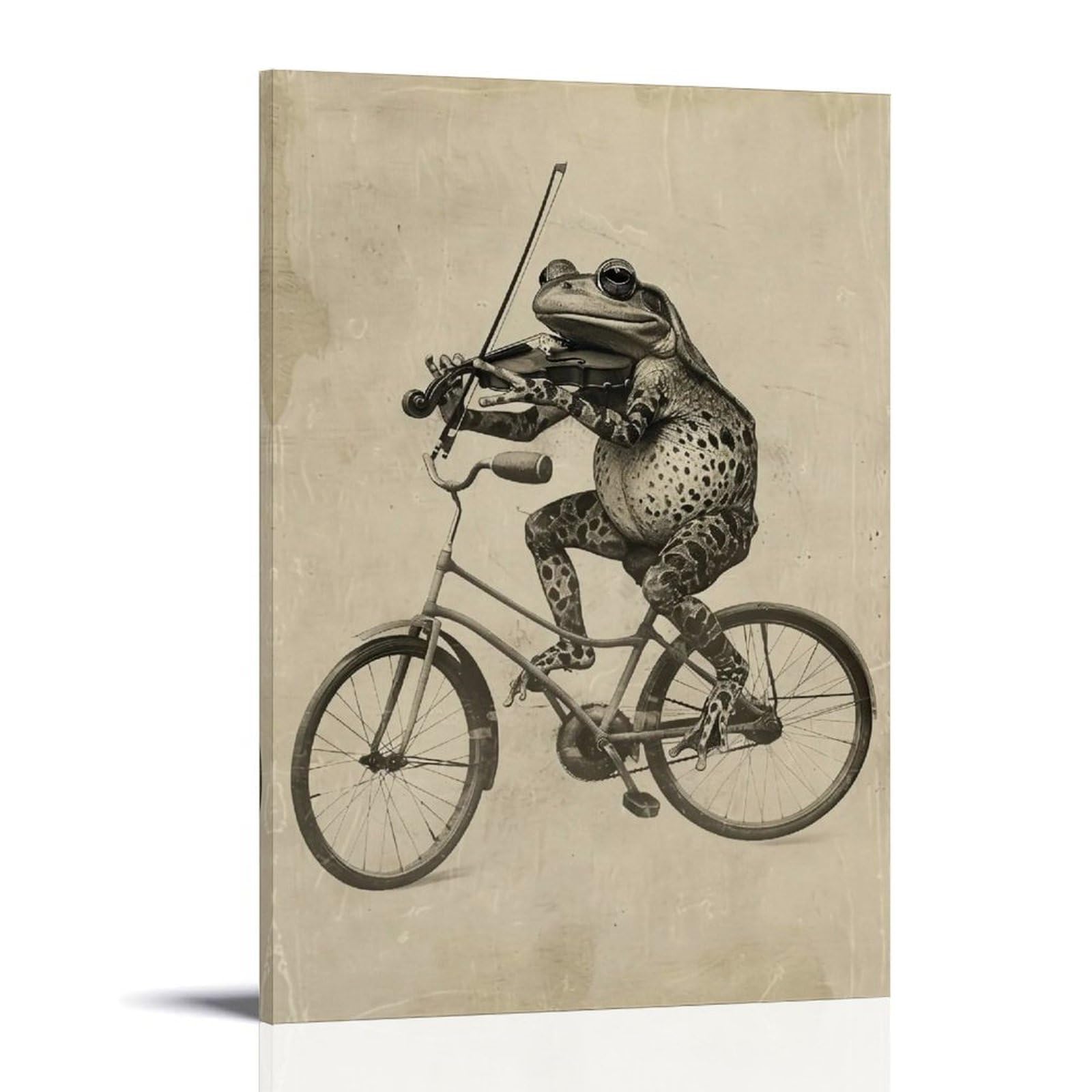 HUERYRYHY Whimsical Unicycle Violin Frog 01 Poster Wall Art Canvas Vintage Aesthetic Painting Decor for Rooms 20x30inch Frame-style