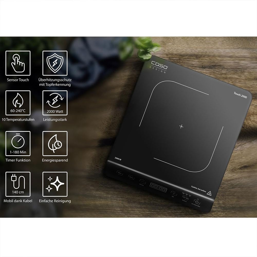 CASO Touch 2000 - Placa de inducción individual, 2000 W, detección automática de ollas, 10 niveles de temperatura, 10 niveles de potencia, temporizador hasta 180 min, superficie vitrocerámica,