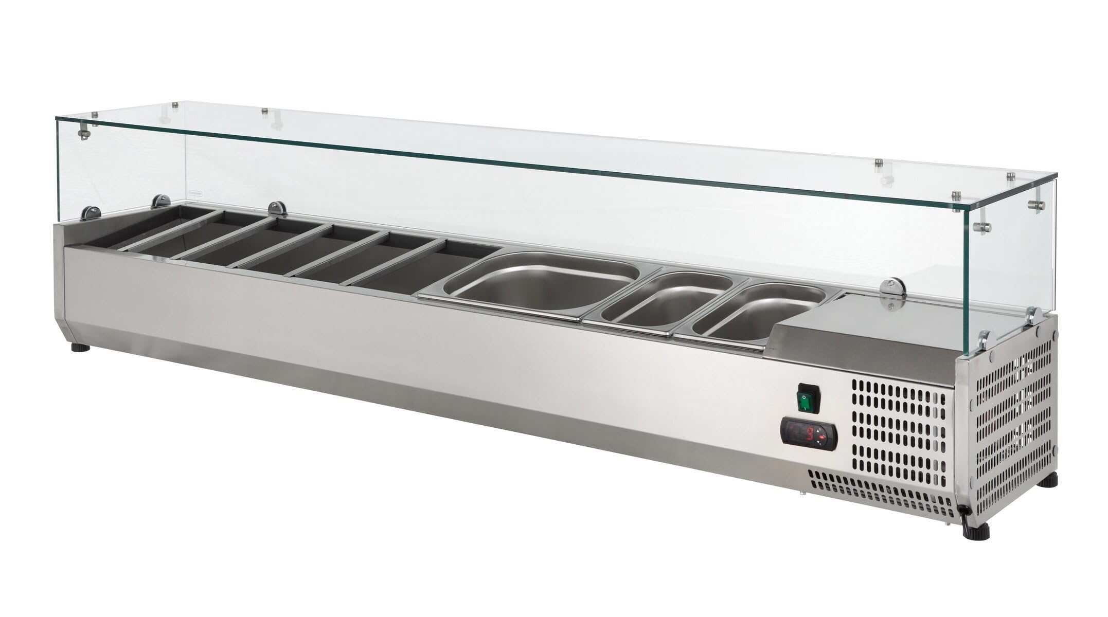 GastroHero Kühlaufsatz 8 x GN 1/4 mit Glasaufsatz, Edelstahl VRXH1600/330 | Kühlaufsatzvitrine 160 x 33 x 42 cm, digitales Thermostat, inklusive 5 Zwischenstege, mit statischer Kühlung 2 bis +8 °C