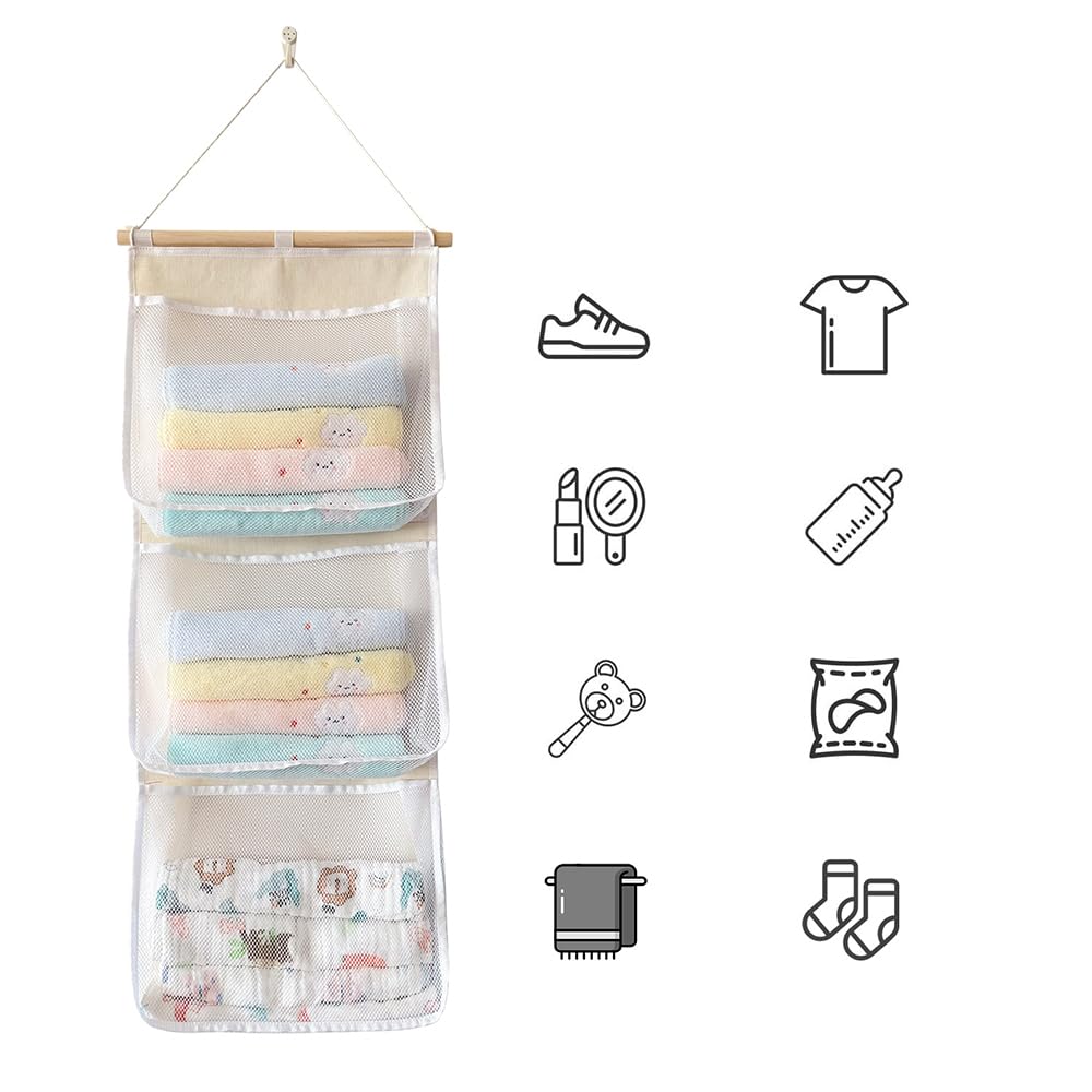 MOMIGO Over the Door/Wall Organizer - Hanging Organizer with Pockets Mesh Bag,Baby Accessory Holder Idea, Toy Plush Storage Bag for Children Room Nursering room (White, 3 Pockets)