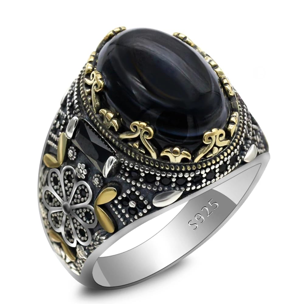 Solid S 925 Sterling Silver Black Zircon Men's Ring Türkiye Style Silver Ring Set Oval Agate Stone Ring Pure Handmade Antique Silver Jewelry Daily Wear Size7-13