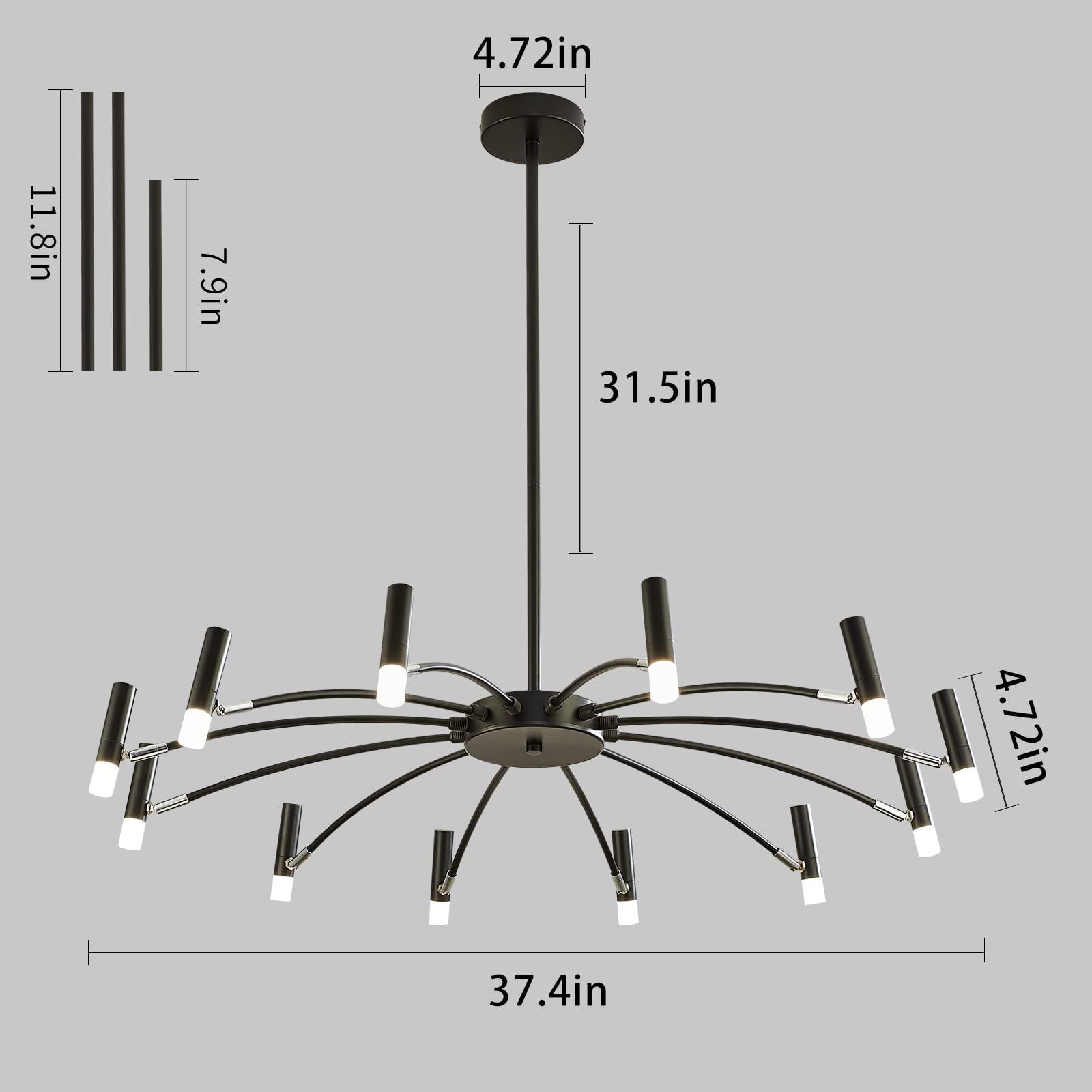 Black Large 12 Light LED Chandelier for Dining Room Ceiling Light Fixture, Adjustable Height, tilt mounting Living Room Modern Chandeliers,for Bedroom Living Room Kitchen Island Foyer.