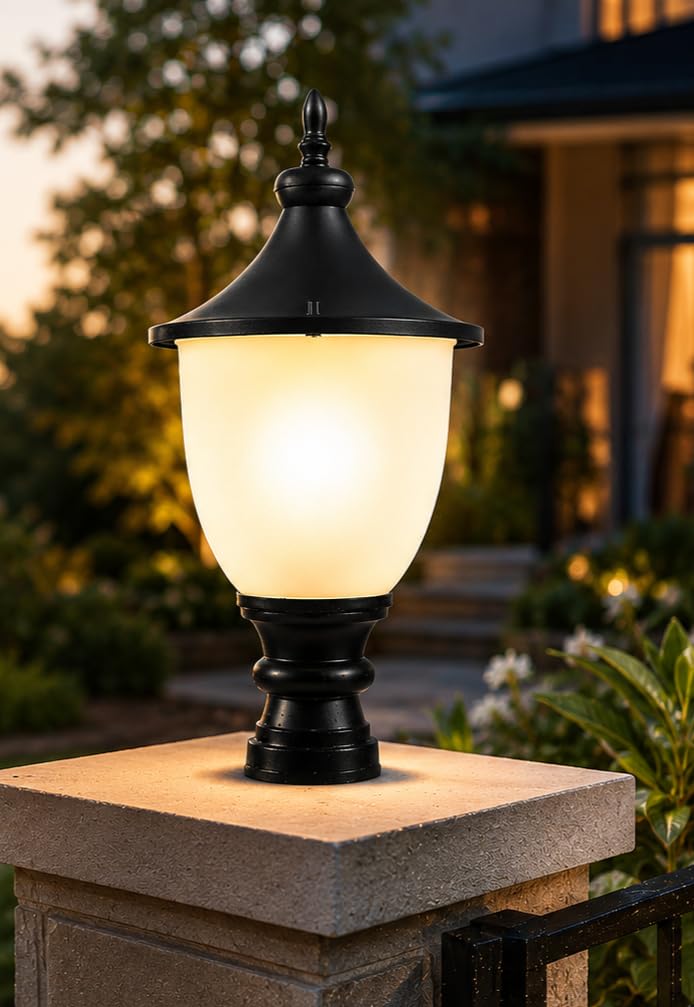 SINOMAN Outdoor Gate Pillar Light | Metal & PVC Waterproof Post Lamp | Black Decorative Outdoor Garden Light for Boundary Wall, Entrance Gate, Balcony, Terrace & Villa(Without Bulb)-image-43