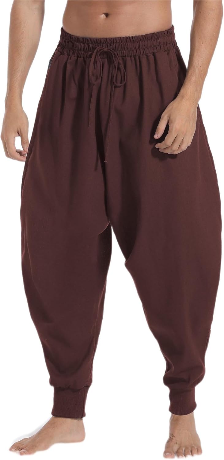 AITFINEISM Men's Drawstring Aladdin Hippie Harem Pants Loose Drop Crotch Trousers