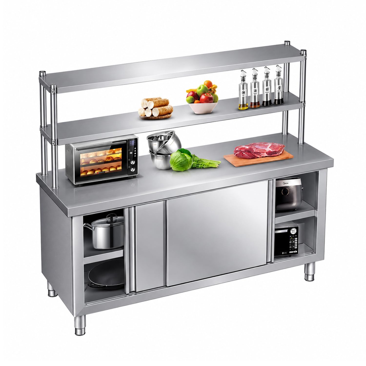 Tavolo da Lavoro in Acciaio Inox, Robusto Tavolo da Preparazione Commerciale con 2 Ripiani, banco da Lavoro in Metallo Multiuso per Ristorante, Cucina, Garage, Barbecue,100 * 50cm