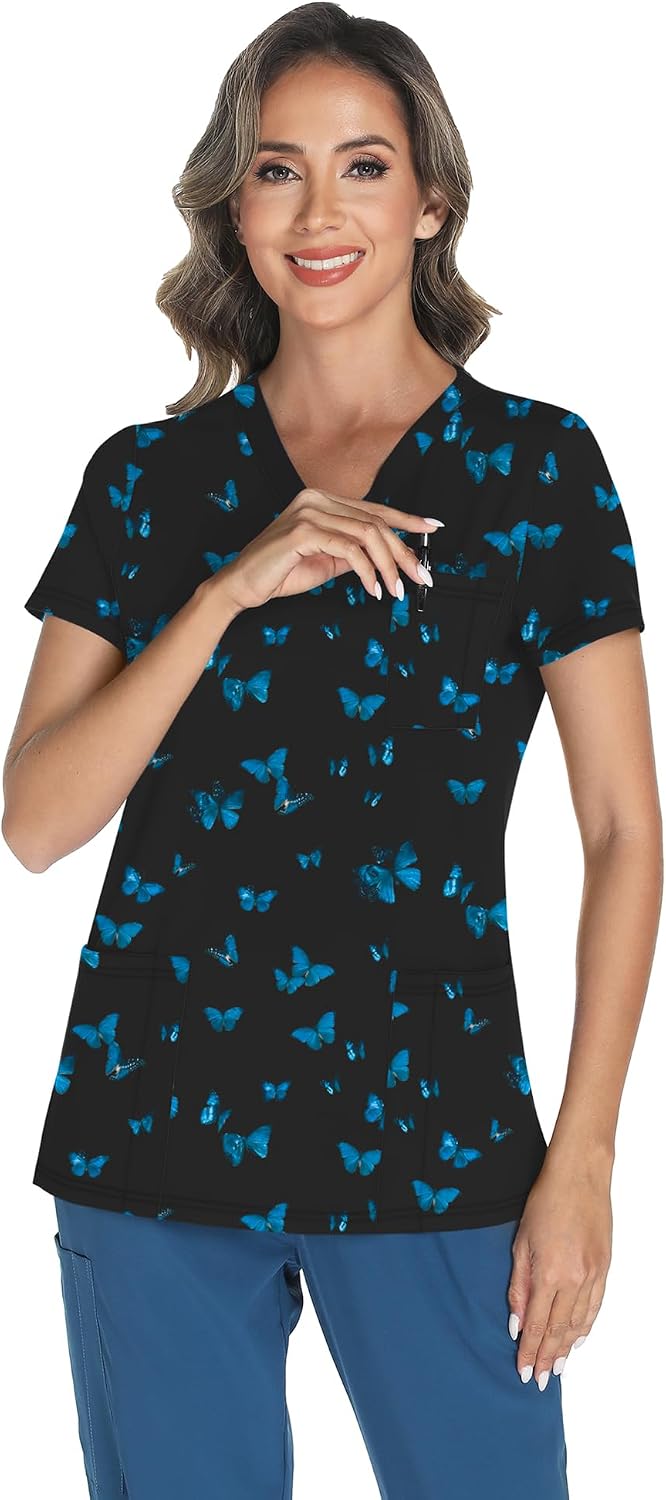 LOMON Women's V Neck Printed Scrub Top with 3 Pockets