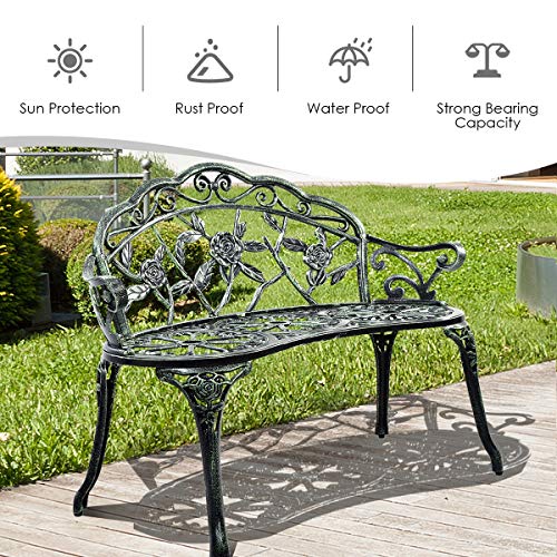 Giantex Outdoor Garden Bench Iron Patio Benches For Outdoors, Porch Bench Chair With Curved Legs Cast Aluminum Rose Antique Style, Green #TOP2