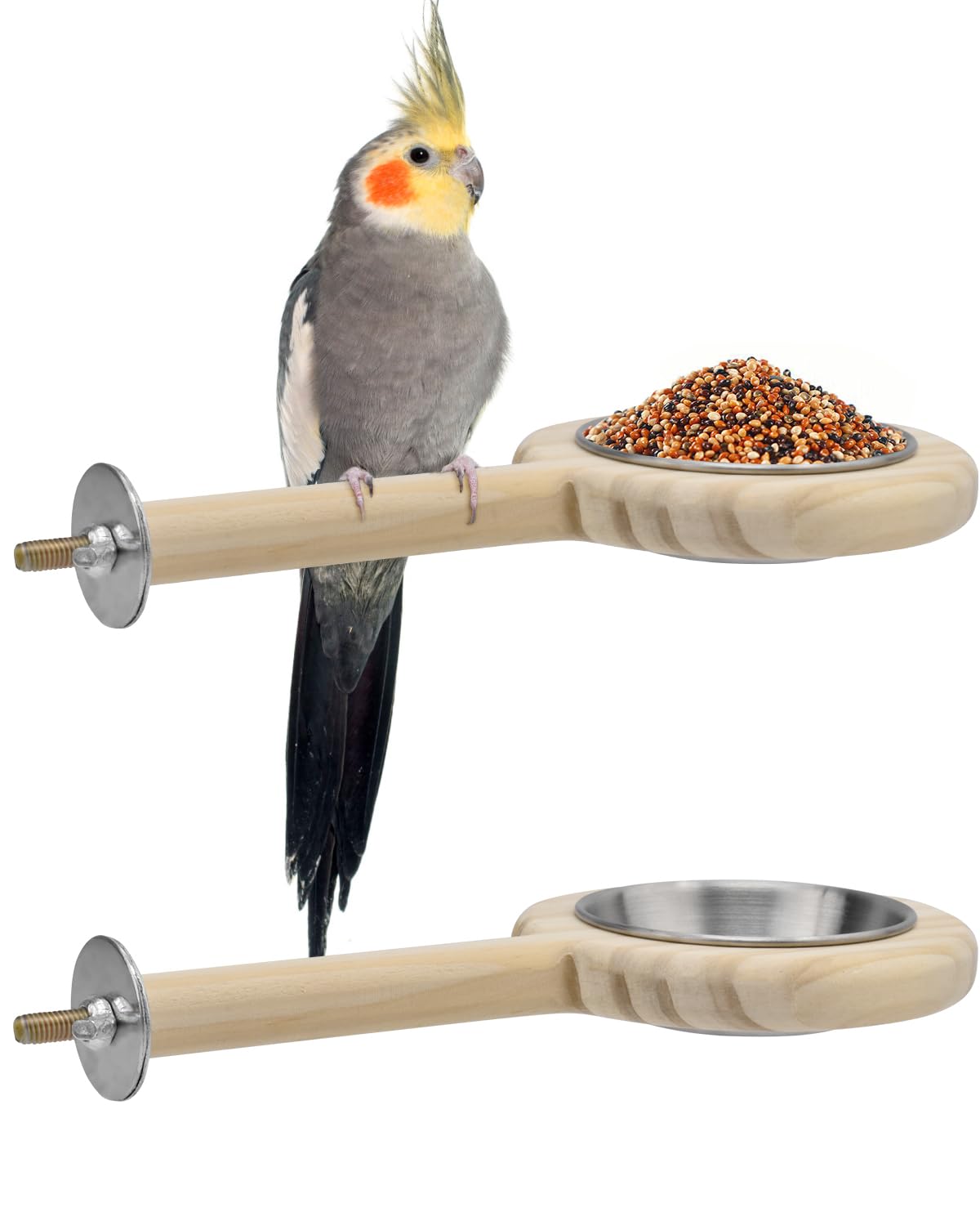 KATUMO Bird Perch Feeding Cup Birds Platform Parrot Wood Perch Stand Toy Cage Accessory for Parakeet Lovebird Cockatiel Conure Budgie Small Parrots (L Perch (Pack of 2))