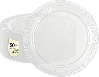 50 Pack Clear Plastic Plates, 9 Inch Disposable Party Plates Dinner Plates for BBQ Picnic Wedding Birthday Travel Events Party Supplies (Clear, 9 Inch)
