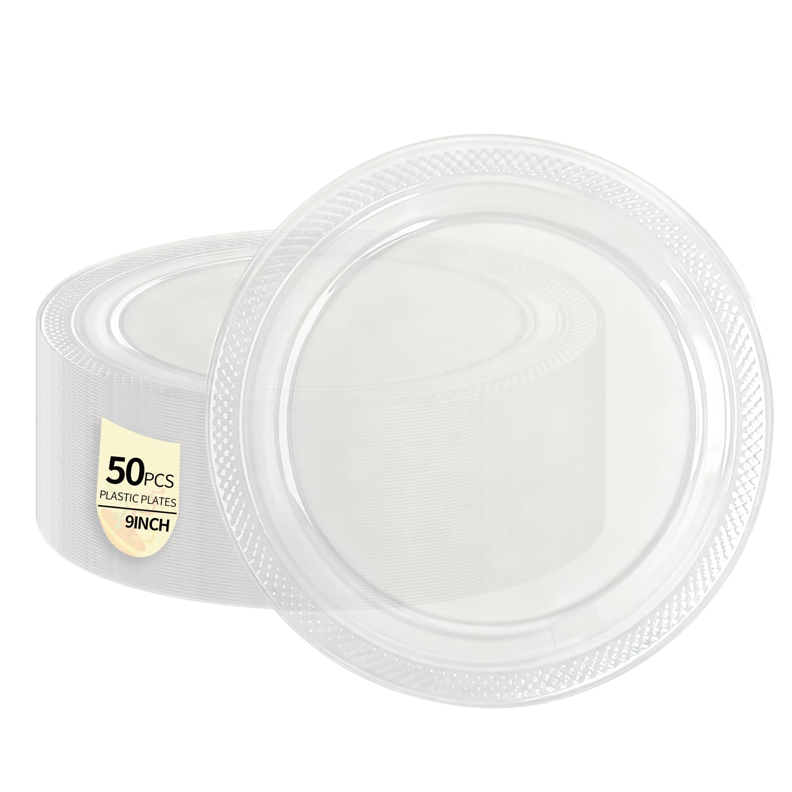 HiEnjoin 50 Pack Clear Plastic Plates, 9 Inch Disposable Party Plates Dinner Plates for BBQ Picnic Wedding Birthday Travel Events Party Supplies (