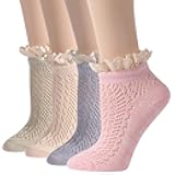 KitNSox Funcat Women's Lace Ruffle Frilly Colorful Floral Cotton Casual Novelty Ankle Socks 4/5/6 Pairs