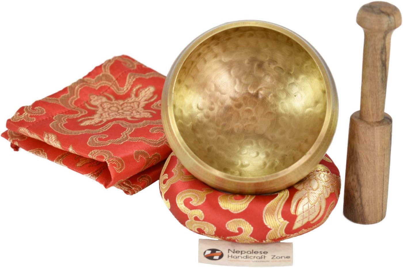 NHZ Meditation Yoga Singing Bowl Set With Mallet, Cushion & Brocade Bag - For Meditation, Chakra Healing, Prayer,Yoga, and Mindfulness (3.5 Inch Red)