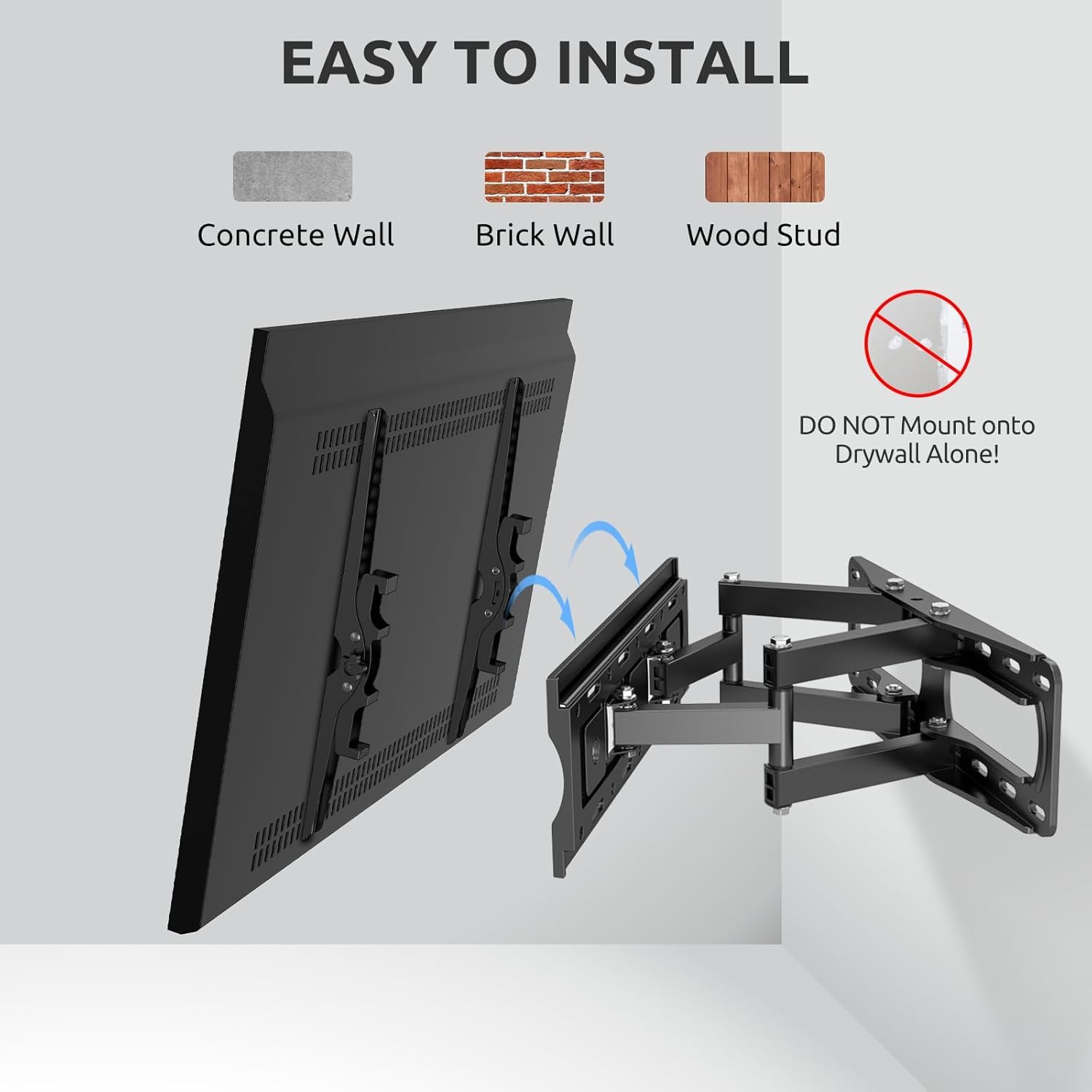 Staffa da parete per TV a schermo piatto curvo da 32-70 pollici, supporto da parete girevole max VESA 400 x 400 mm, supporta fino a 45 kg, inclinazione regolabile su e giù, si estende a doppio