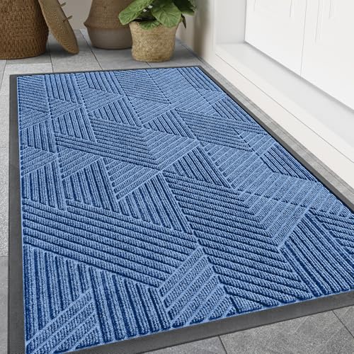 Smiry Front Door Mat Outside Entrance, Heavy Duty Sturdy Natural Rubber Doormat, Trap Dirt and Moisture, Easy Clean Low Profile Welcome Floor Mats for Indoor Outdoor Entry, 59x24 Inch, Blue