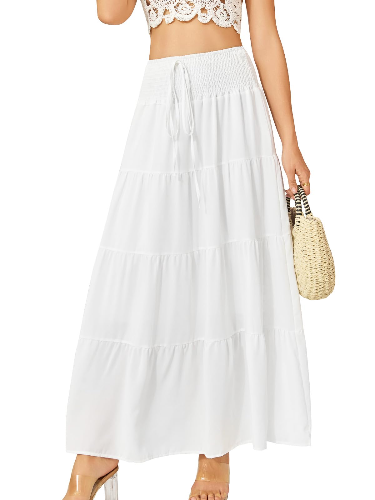 Monbessi Langer Rock Damen mit Futter 2 in 1 Maxirock Damen Lang Elastischer Bund Boho Röcke Geeignet für Sommer, Urlaub, Shopping Und Den Alltag