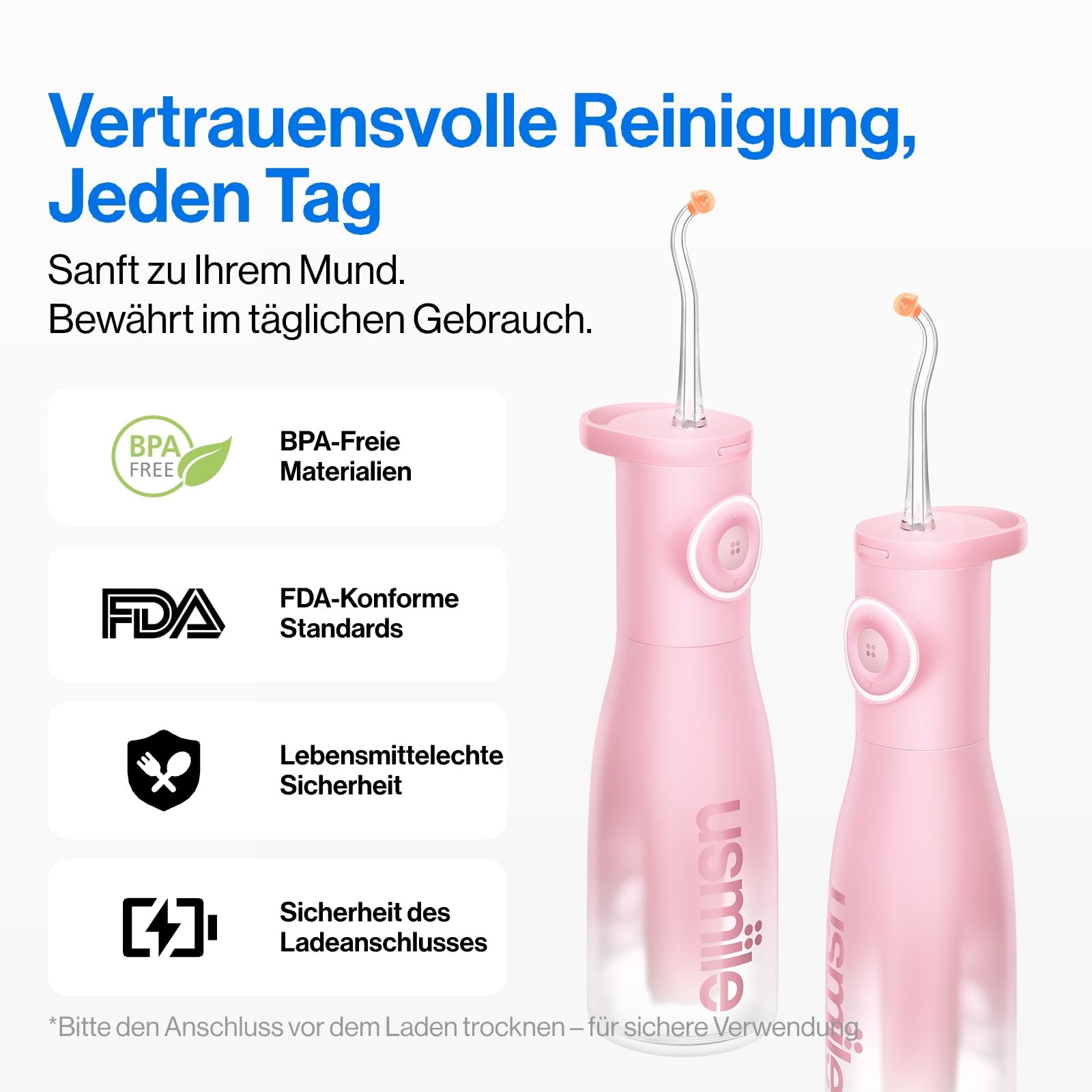 usmile C30 Munddusche Kabellos, 300 ml, 5 Druckstufen, Rosa | S-Düsen für Zahnspangen & Invisalign, USB-C wiederaufladbar, IPX7 wasserdicht, ideal für Reisen und Zuhause