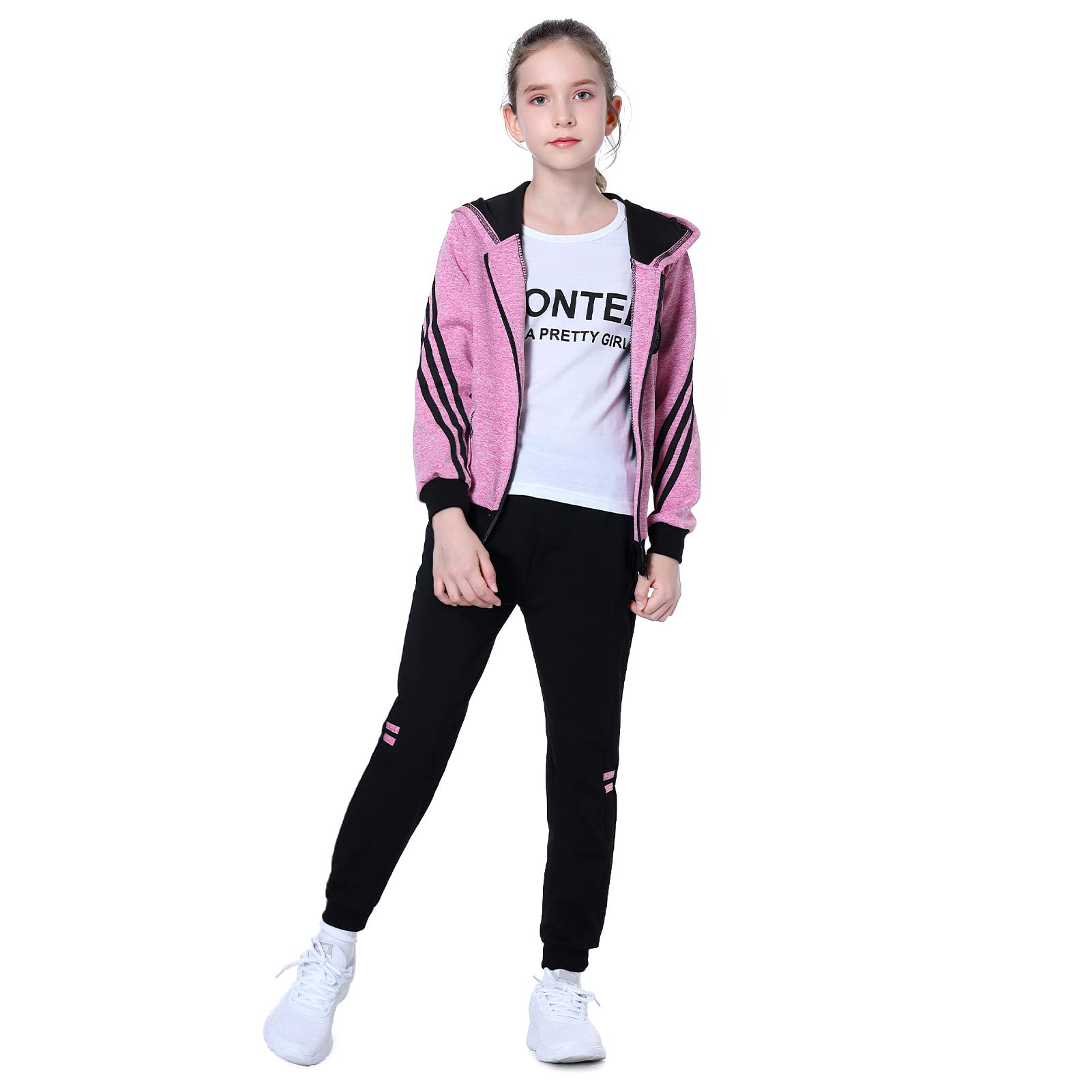 LPATTERN Dziecięcy dziewczęcy bawełniany dres do biegania na co dzień odzież sportowa 2/3 szt. zestaw strojów sportowych (kurtka z kapturem + koszulka z długim rękawem + spodnie lub kurtka z kapturem + spodnie)