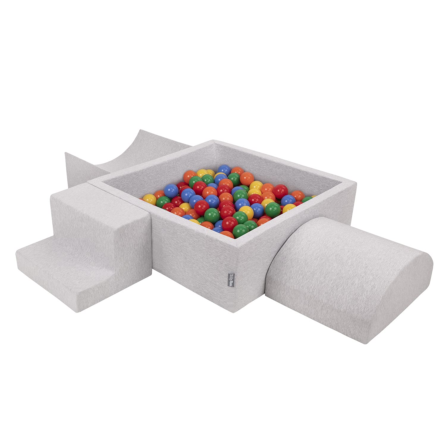 KiddyMoon Foam Playground For Kids With Square Ballpit (200 Balls ∅ 7Cm/2.75In) Soft Obstacles Course And Ball Pool, Made In The EU, Lightgrey:Yellow/Green/Blue/Red/Orange