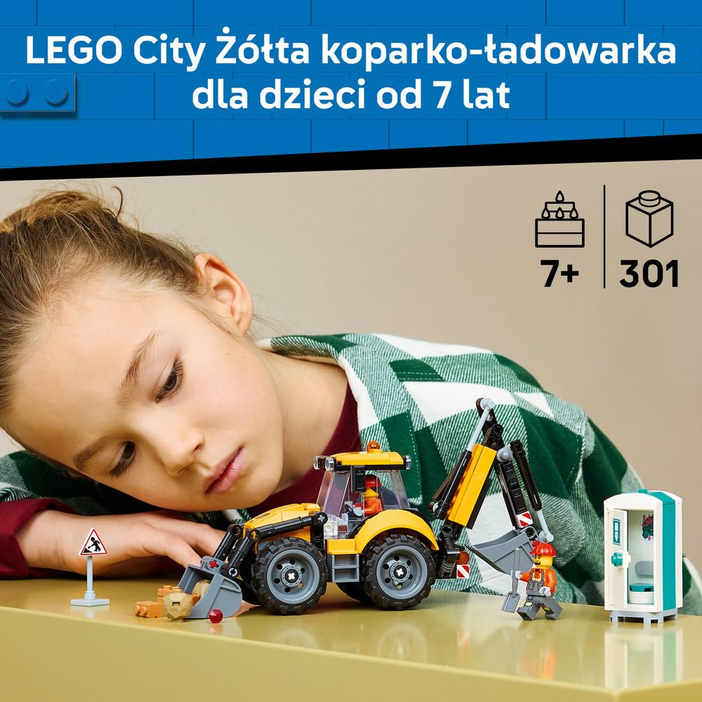 LEGO City Żółta koparko-ładowarka, zabawka konstrukcyjna dla dziecka w wieku od 7 lat, zestaw dla miłośników maszyn budowlanych, pomysł na prezent dla chłopca lub dziewczynki 60480