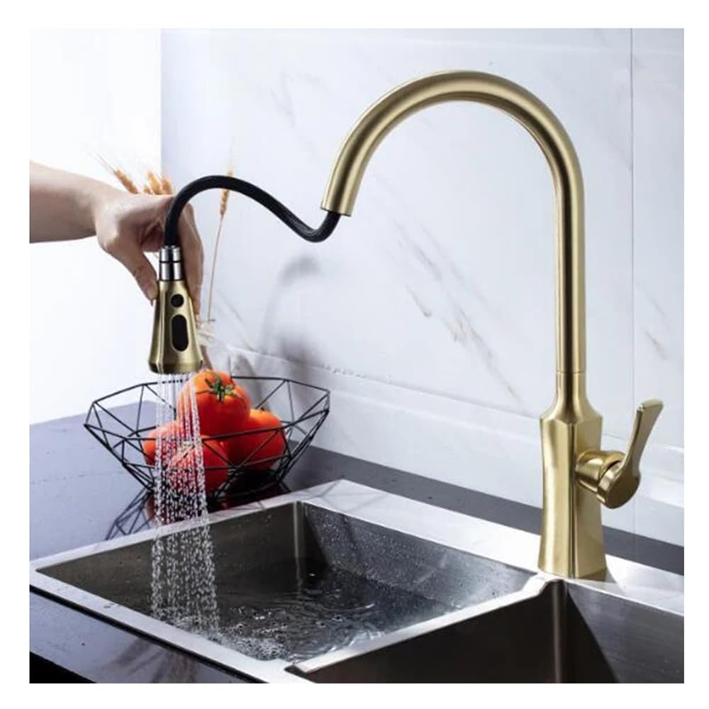 Blyqxs Nickel Gold Wall-Mounted Kitchen Faucet – Hot And Cold Mixer With 360° Swivel Spout And Pull-Out Sprayer (Xt-175)(Nickel Gold)