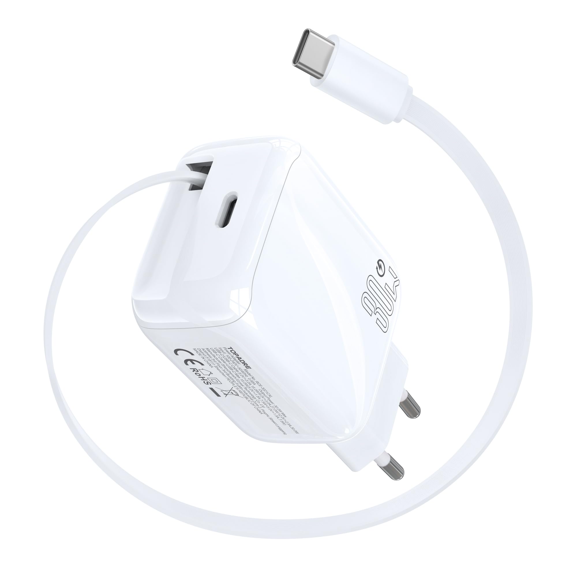 30W USB C Ladegerät, Schnellladegerät mit Einziehbares Ladekabel, GaN Ladestecker USBC PD 3.0 Power Adapter Dual Port USB C Netzteil für iPhone 17/16/15 Pro Max, iPad Pro/Air, Galaxy S25/S24/S23, Weiß