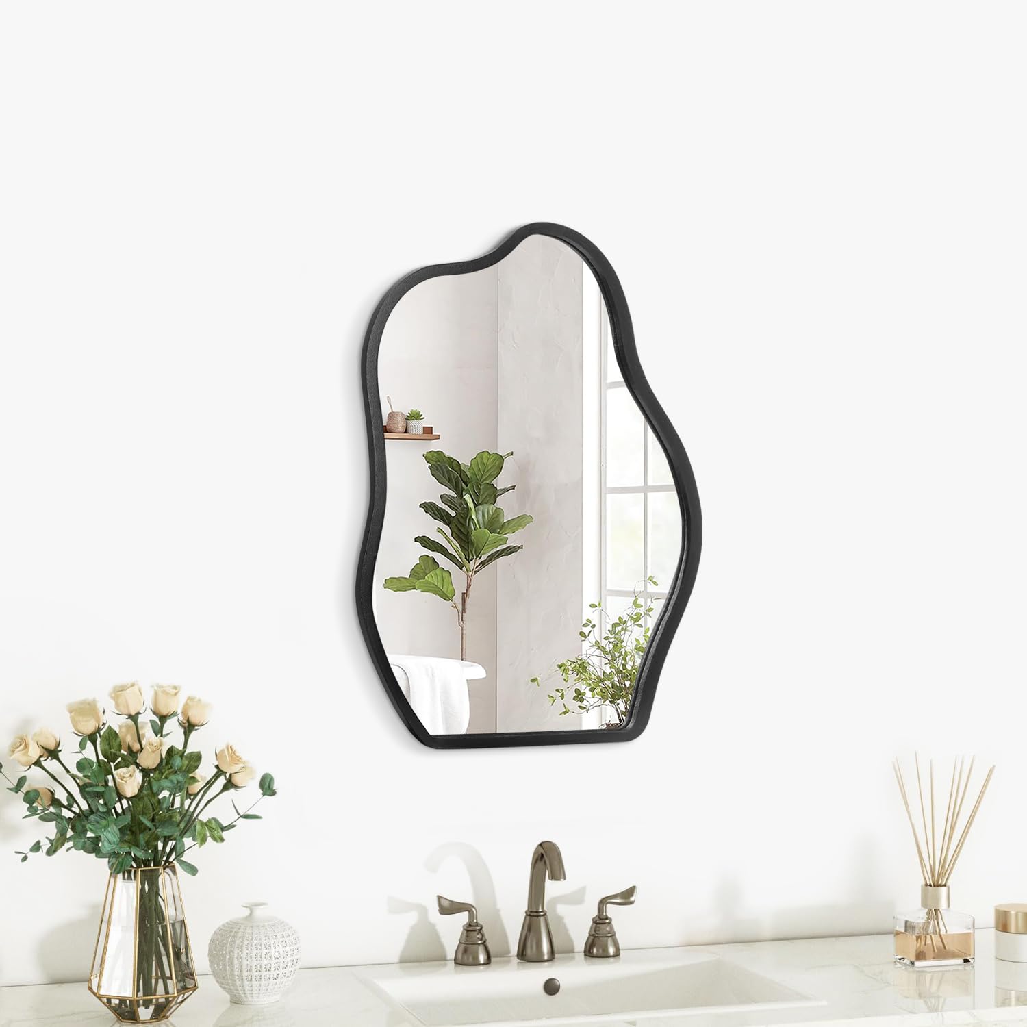 Lzuso Asymmetrical Wall Mirror With Wood Frame Irregular Modern Hanging Mirrors for Wall for Vanity Living Room Bedroom Bathroom Entryway Hallway Modern Unique Decorative Artistic - Image 2