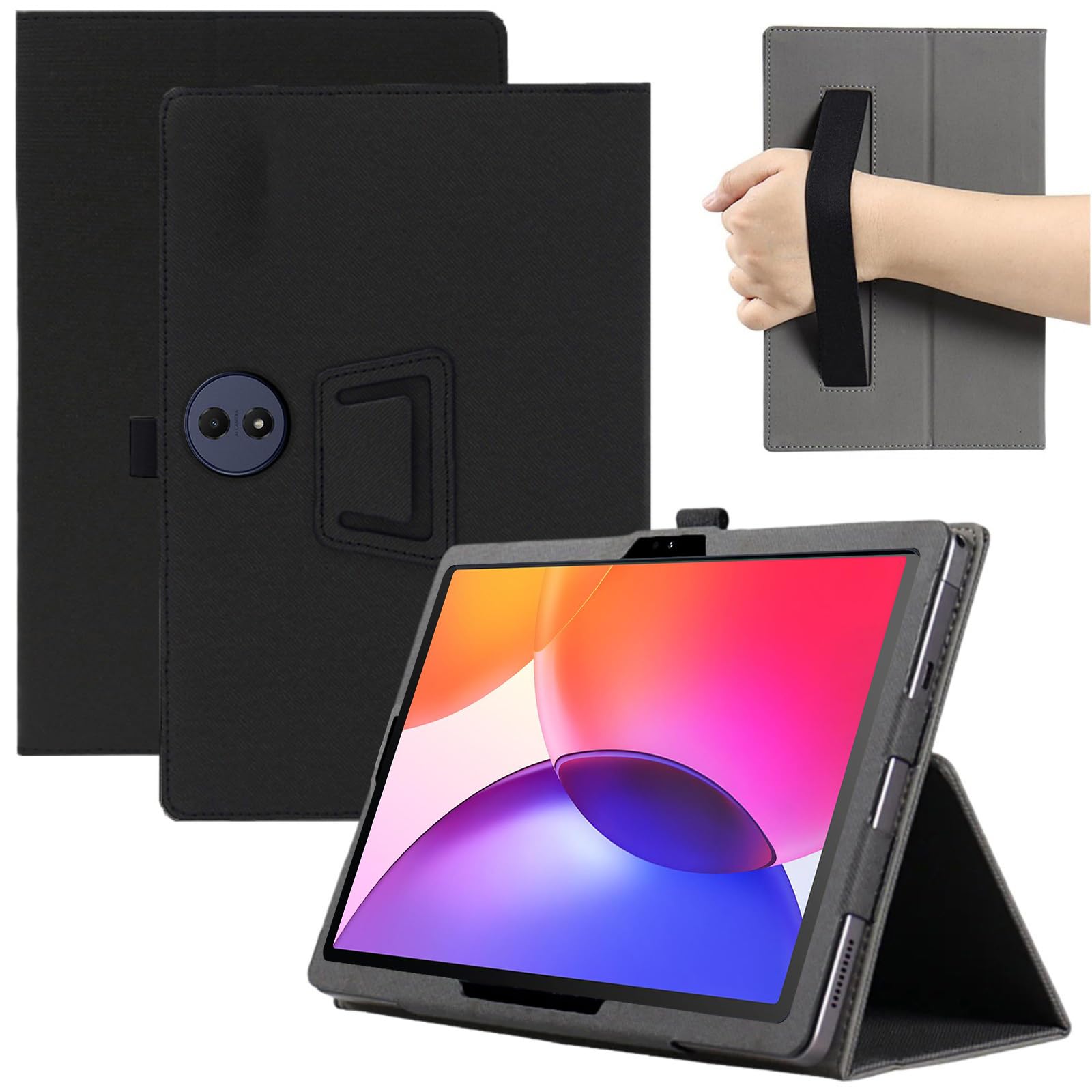MEMELOKA Custodia per TCL Tab A1 Plus 12.2 Pollici, Leggera e Sottile Custodia in Pelle PU con Cinturino da Polso, Morbido Cover con Funzione di Supporto, Nero