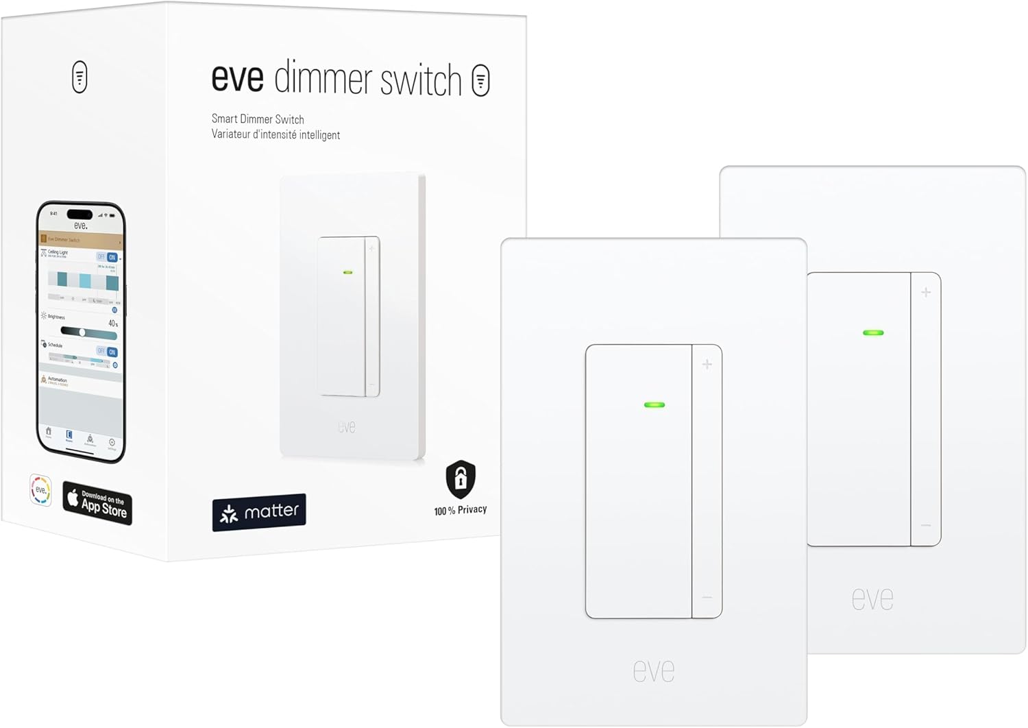 Eve Dimmer Switch (Matter) 2-Pack – Smart Dimmer Switch, for Alexa/Apple/Google/SmartThings/Home Assistant; for Single-Pole switches; Requires Thread Border Router and Neutral Wire; UL-Certified