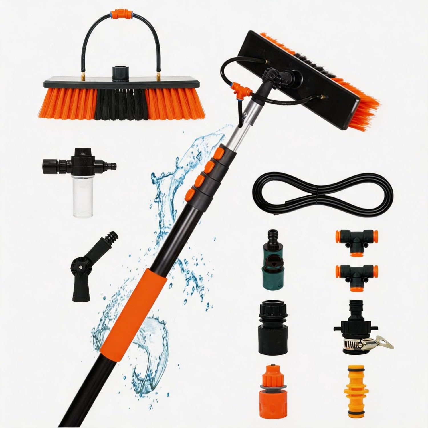 Set di pali telescopici in alluminio, spazzola per lavaggio estensibile da 9,2 m, con design a flusso d'acqua, compatibile con pannelli solari, pareti continue in vetro, cartelloni pubblicitari e